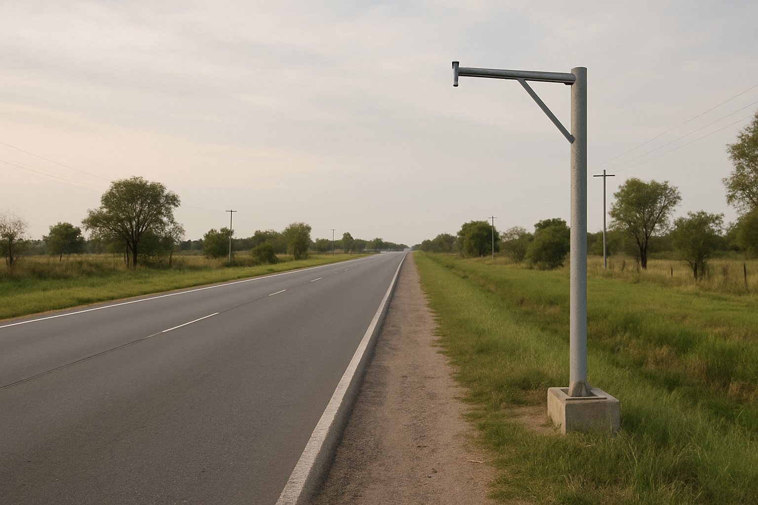 Vista ilustrativa de una ruta en San Vicente con un poste de control vial en instalación y banquinas verdes